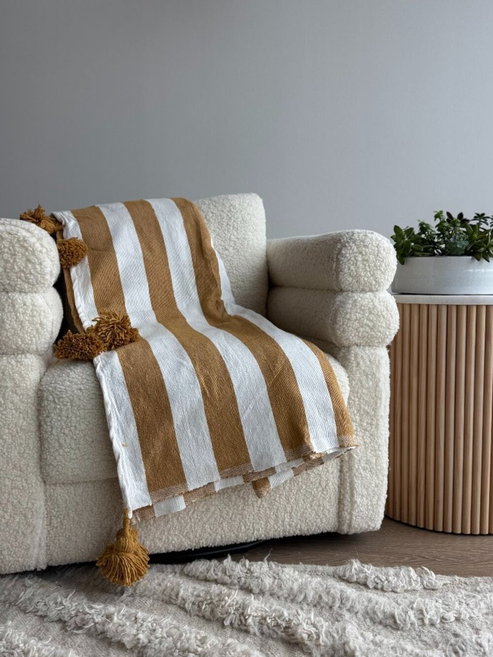 Gold and White Striped Throw Blanket With Tassels